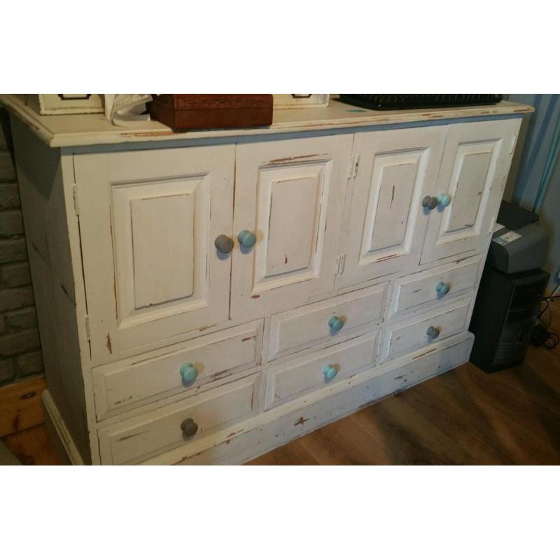 Sold pine heavy sideboard drawers cupboard white distressed
