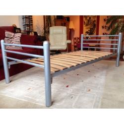 Single Bed Frame in Silver Metal with Wooden Slats