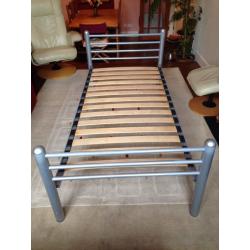 Single Bed Frame in Silver Metal with Wooden Slats