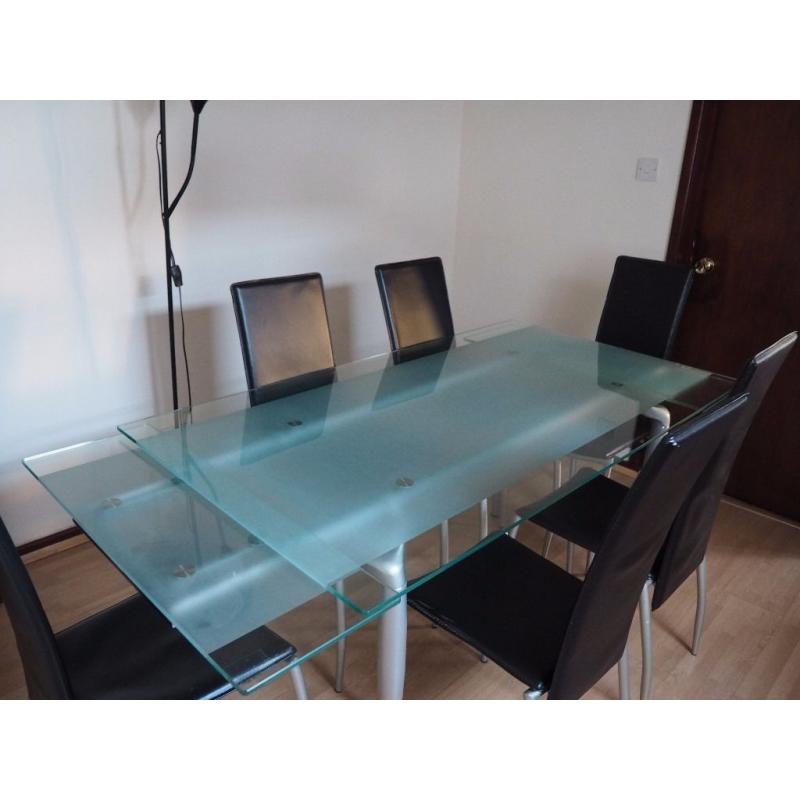 Extendable Large Glass Dining Table for 6+ including 6 Leather Dining Chairs - Excellent Condition